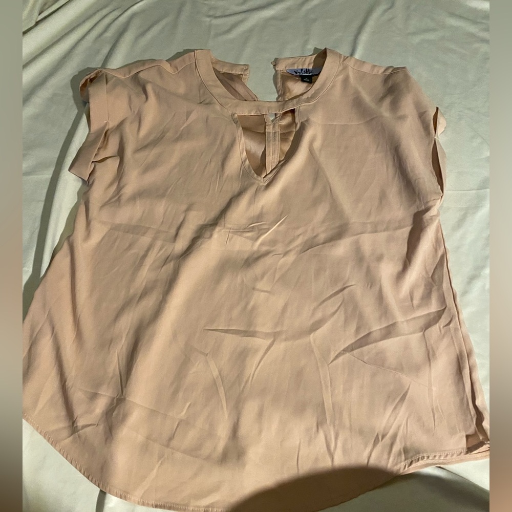 Women's Beige Short Sleeve Keyhole Blouse Top Vylette Size Large